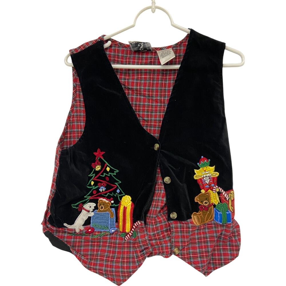 Studio Collection Vest M Vintage Velvet Tartan Plaid Embroidered Christmas Bear